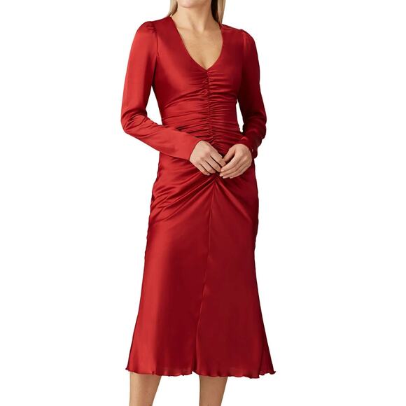 NISSA Dress Womens 6 Red Satin Ruched Center Midi V Neck Zip Lined - Picture 1 of 14